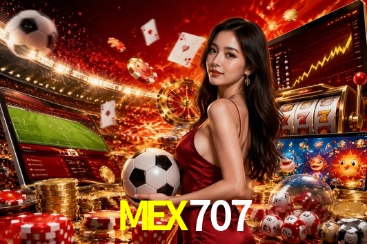 Una escena digital vívida inspirada en casino con MEX707 mostrado prominentemente, luces brillantes, fichas, cartas y acentos dorados.