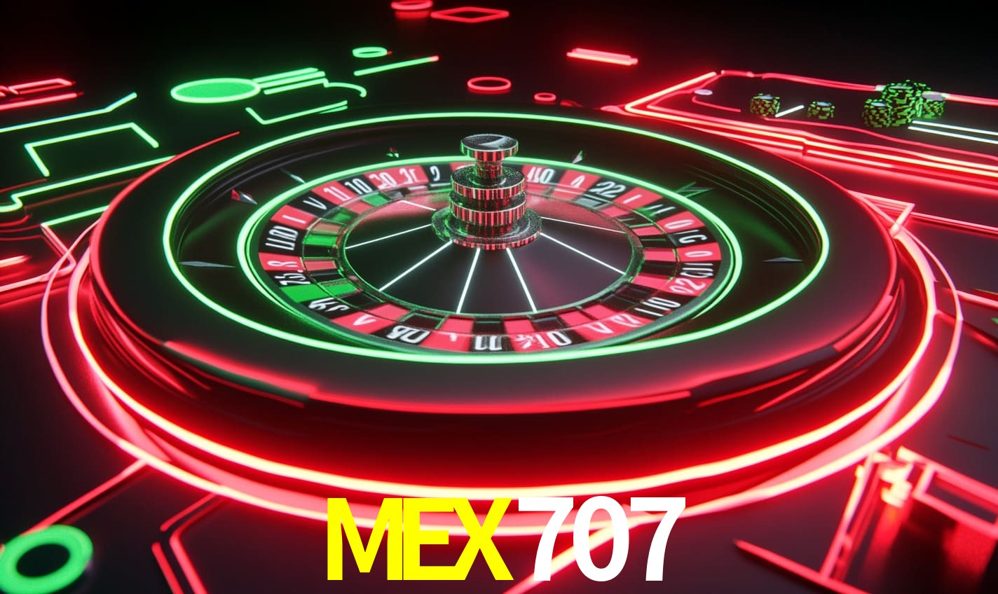 Escena dinámica inspirada en casino con iluminación MEX707, cartas, fichas e íconos de juegos digitales en un espacio moderno de juegos.