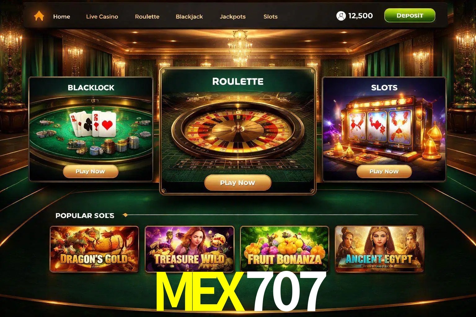 Vista de la plataforma MEX707 Casino mostrando categorías organizadas de juegos en línea