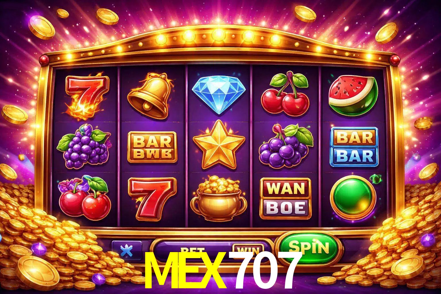 Una interfaz colorida de tragamonedas en línea con símbolos brillantes, monedas y un efecto de victoria celebratoria en MEX707.