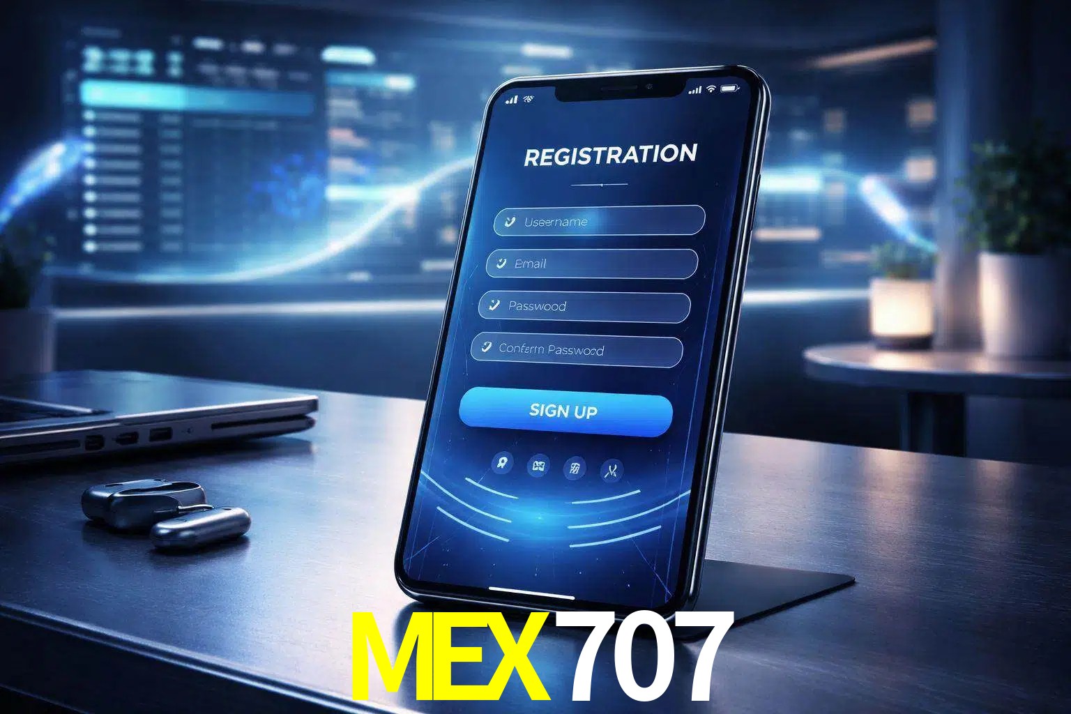 Una interfaz moderna de registro móvil para MEX707 mostrada en un smartphone con un panel de apuestas elegante.